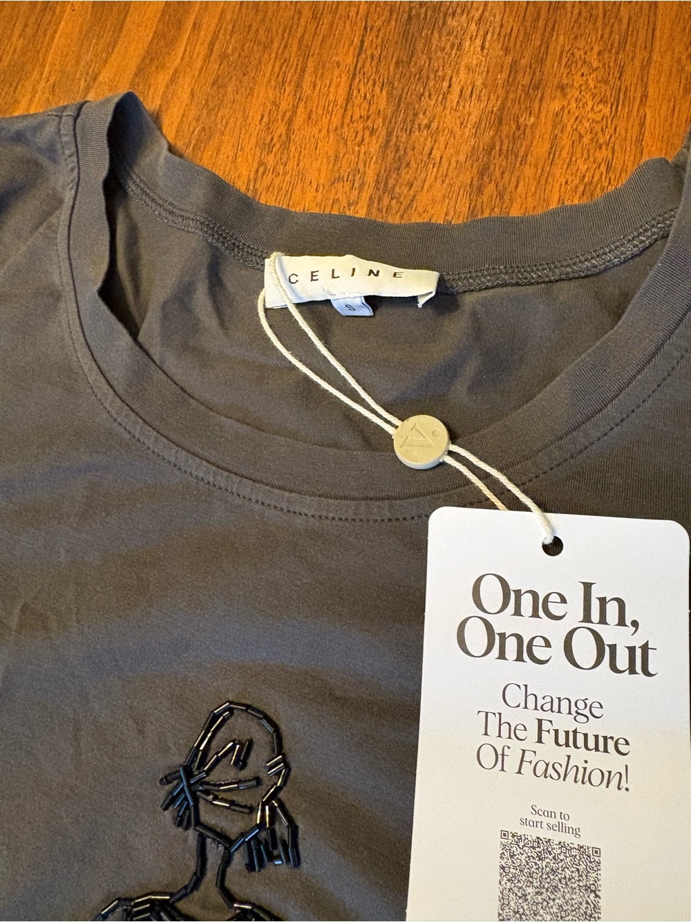 Celine Short Sleeve Tee In Charcoal Gray With Black Sequin Illustration View 2